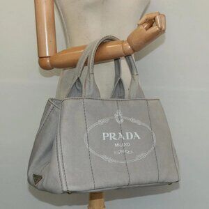 PRADA Canapa MM Hand Bag Canvas Gray Gold Auth